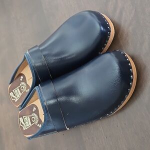 Navy Blue Bastad Original Swedish Wooden Leather Clogs Size 40